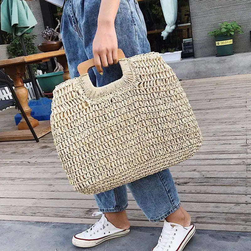 Femlion Wicker Woven Rattan Tote Summer Beach Bag Women's Large Capacity Handbag