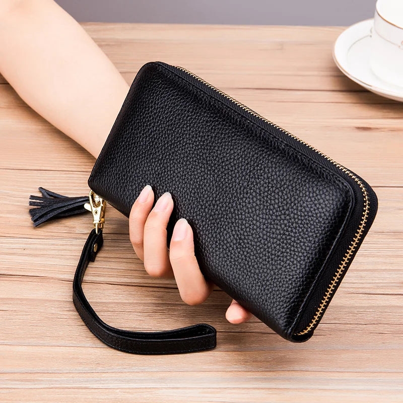 Femlion Tassel Long Wallet: Genuine Leather Women's Clutch with RFID Card Slots