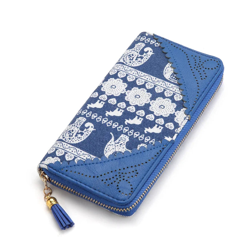 Femlion Canvas Lace Flower Elephant Print Clutch Wallet with Tassel