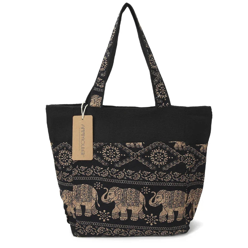 Femlion Elephant Printed Canvas Shoulder Bag Top Handle Tote Handbag for Women