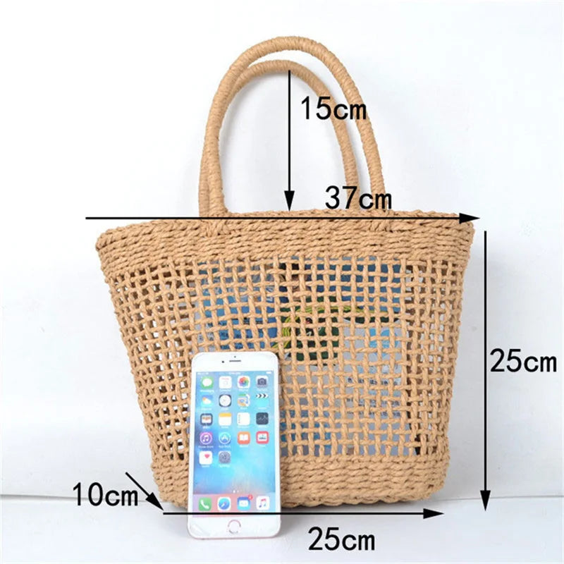 Femlion Net Hollow Woven Straw Bag Handbags 37x25CM