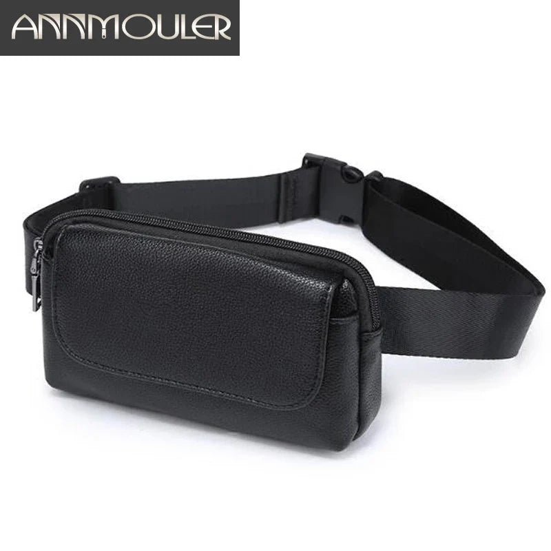 Femlion Black Pu Leather Double Pocket Waist Bag for Women