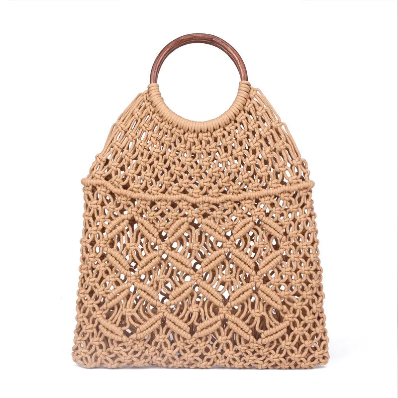 Femlion Macrame Tote with Wooden Ring Handle Vintage Straw Bag