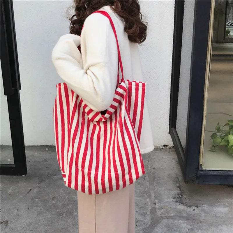 Femlion Vintage Stripe Design Canvas Tote Beach Handbag