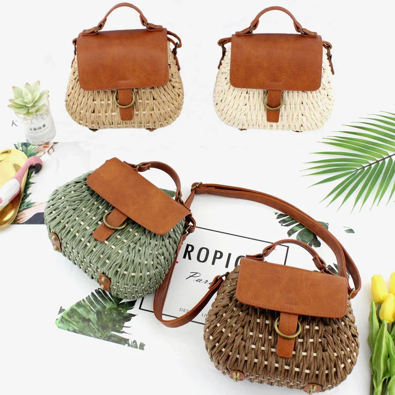 Femlion Straw Pig Crossbody Bag Beach Handbag Casual Rattan Weaving Vintage Basket