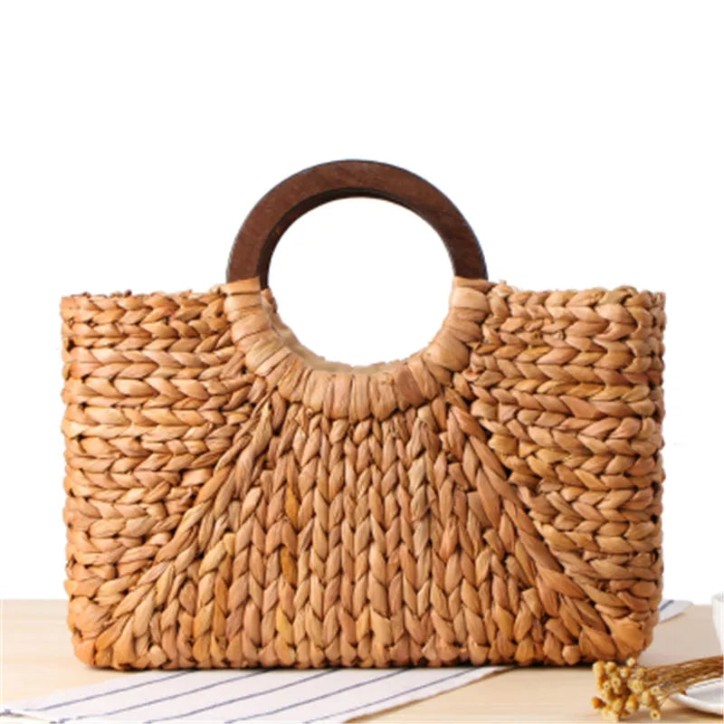 Femlion Straw Beach Bag Moon Bag Portable Women's Retro Style Corn Skin Straw Bag