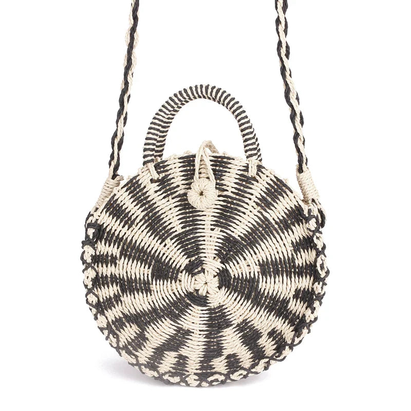 Femlion Rattan Woven Round Handbag Retro Straw Knitted Messenger Bag Lady Beach Tote Circle