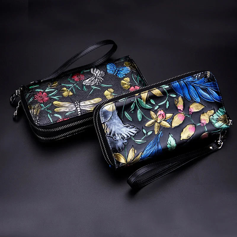 Femlion Rose Flower Long Wallet: Genuine Leather, Double Zipper Purse & Credit Card Holder