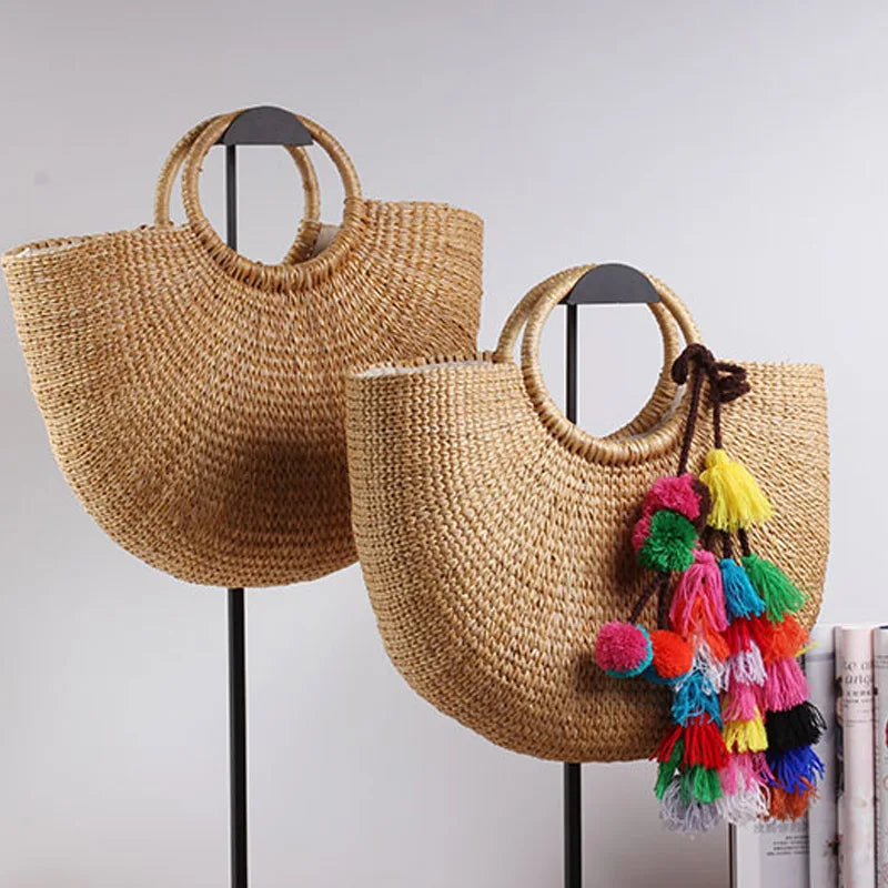 Femlion Tassel Rattan Bucket Bag - Summer Beach Tote