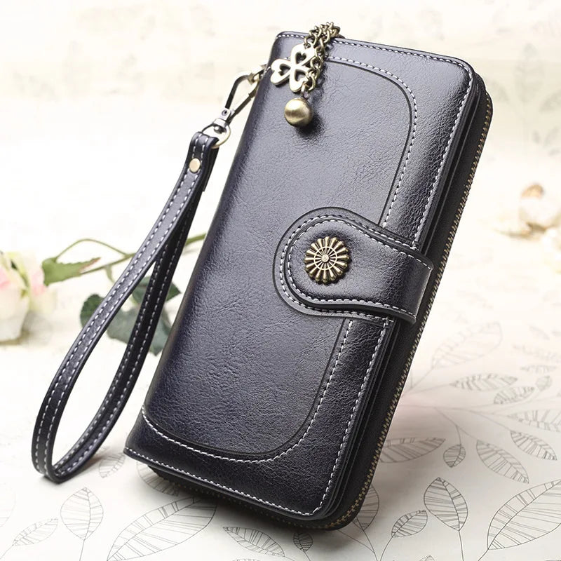 Femlion Vintage Long Wallet in Greased PU Leather with Zipper Phone Pocket.