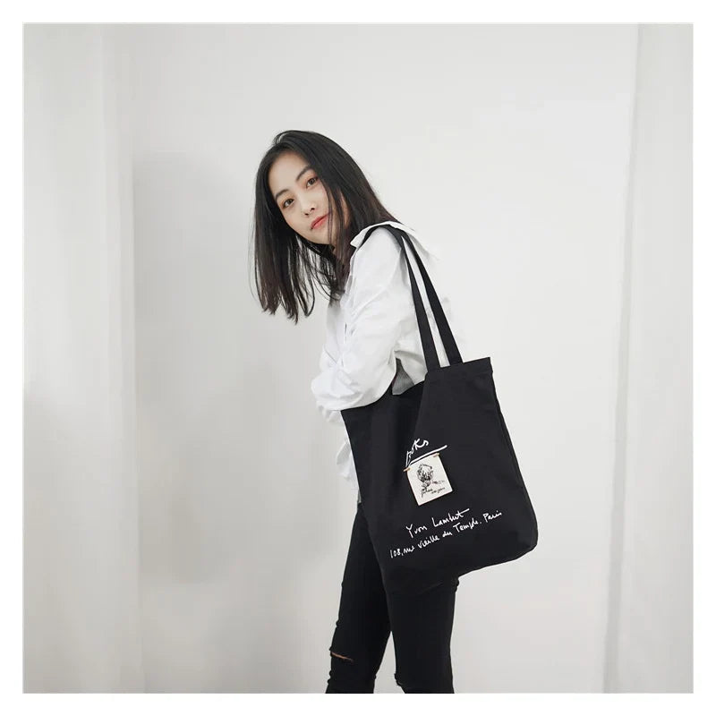 Femlion Cotton Tote Bag Black Champagne Double Strap Casual Handbag Girls' Book Bag