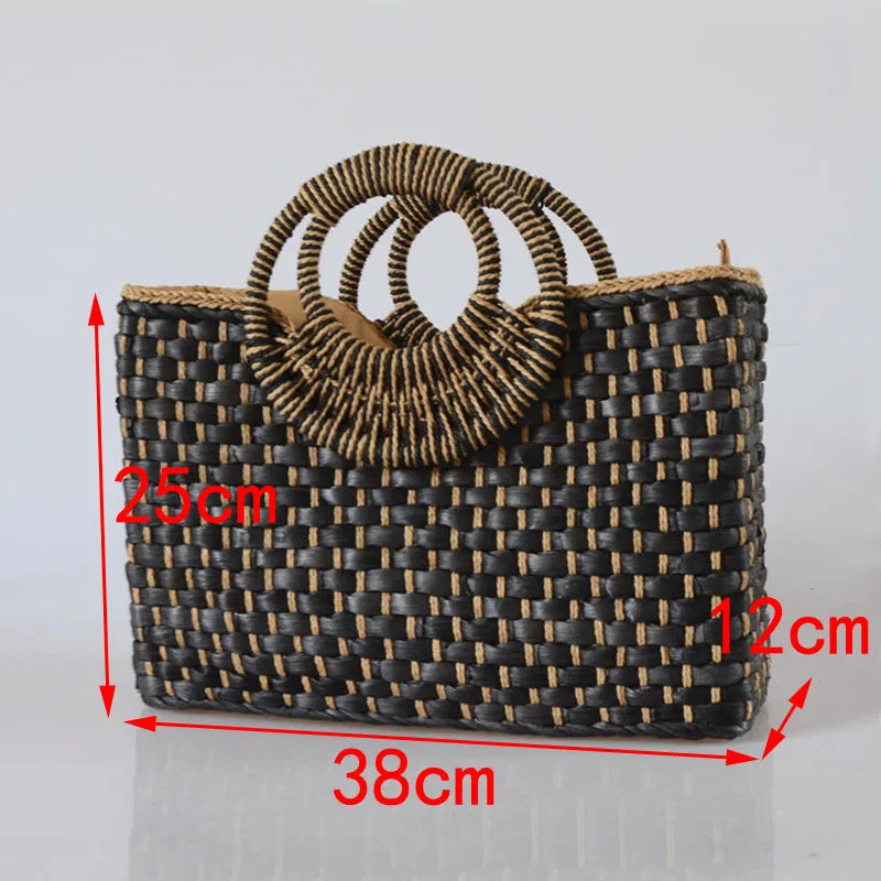 Femlion Corn Straw Woven Hand Basket Beach Bag with Butterfly Buckle