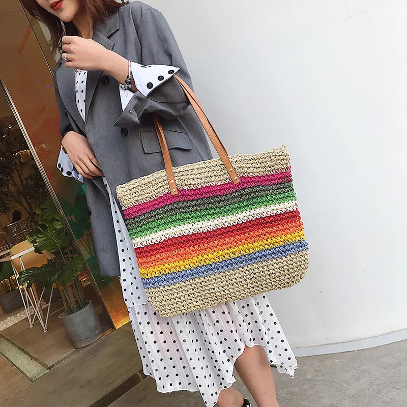 Femlion Rainbow Straw Handbag: Woven Boho Tote Bag with Leather Shoulder Strap