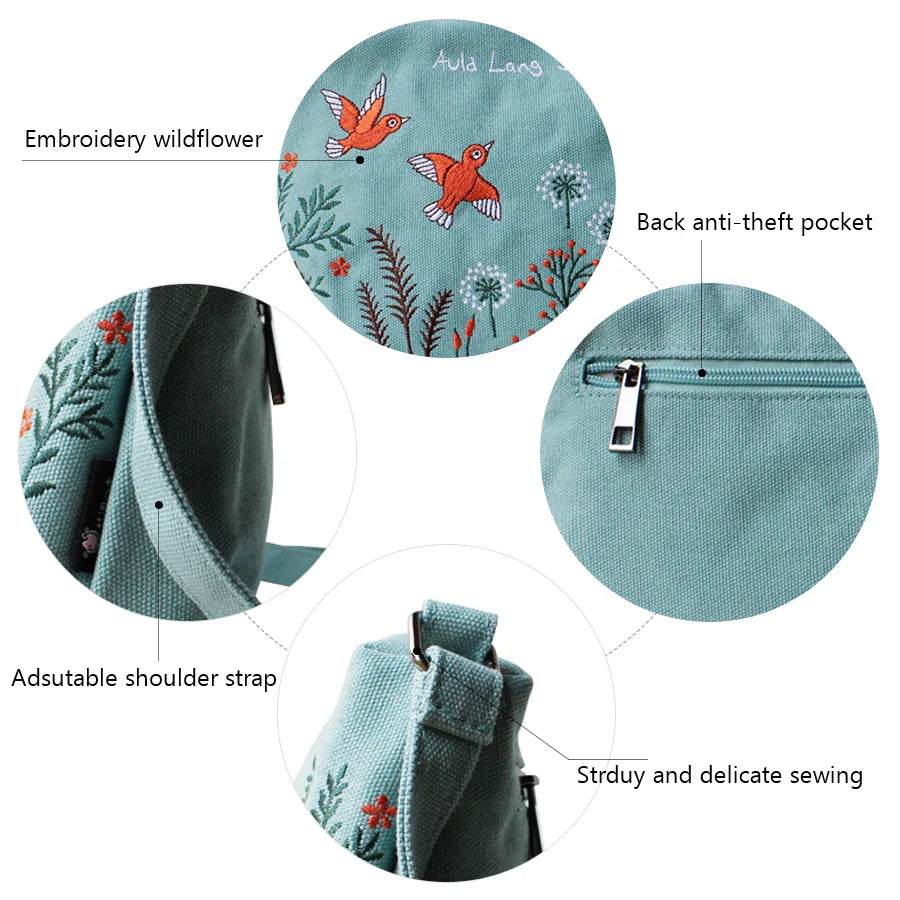 Femlion Embroidered Flower Canvas Crossbody Bag - Small Fashion Shoulder Purse