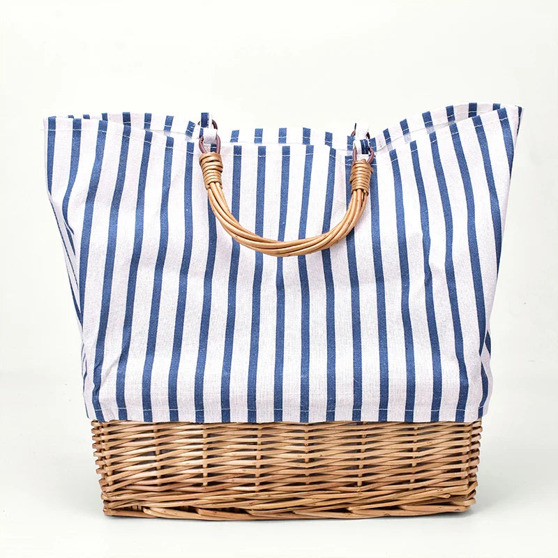 Femlion Striped Canvas Straw Bag: Large-capacity Woven Handbag for Stylish Shopping