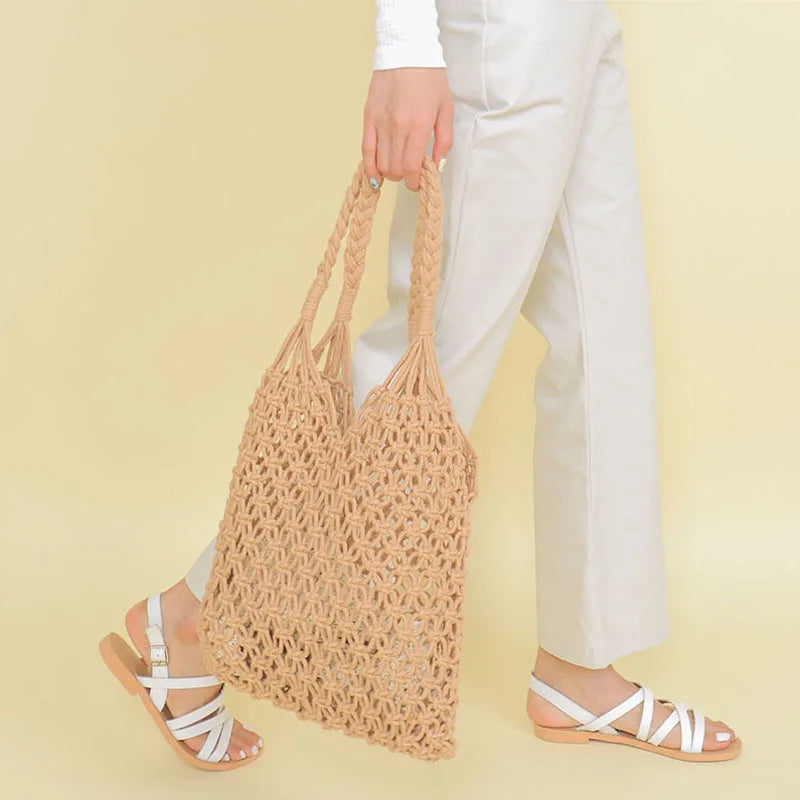 Femlion Reticulate Straw Shoulder Bag - Trendy Woven Mesh Rope Weaving Handbag