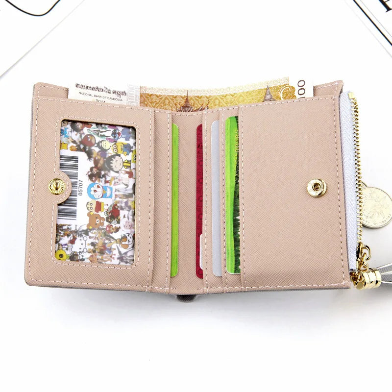 Femlion Pink Crossed Grain PU Leather Short Wallet Mini Money Bag