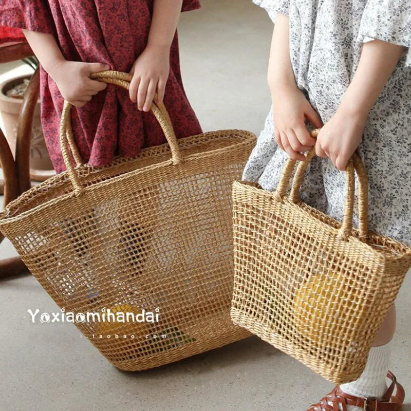 Femlion Net Hollow Woven Straw Bag Handbags 37x25CM