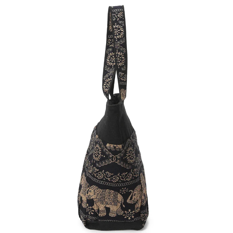 Femlion Elephant Printed Canvas Shoulder Bag Top Handle Tote Handbag for Women