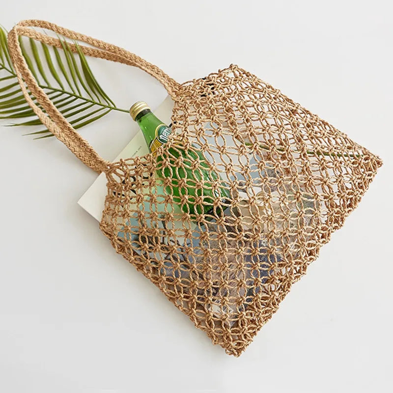 Femlion Hand-Woven Straw Beach Bag with Paper Rope Grid