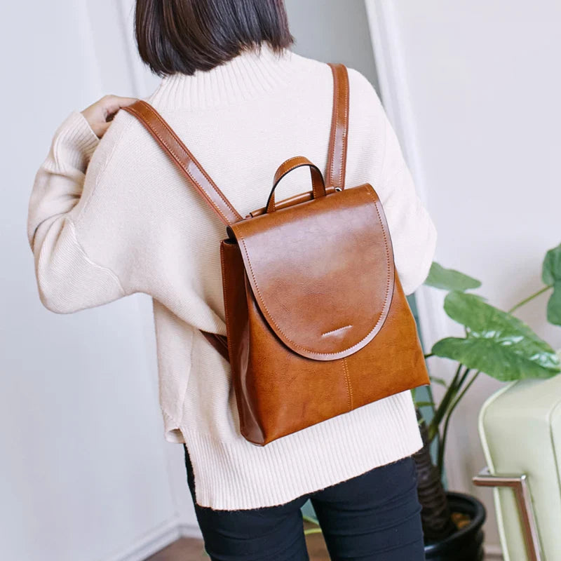 Femlion Vintage Leather Women Backpack: College School Rucksack Shoulder Bag