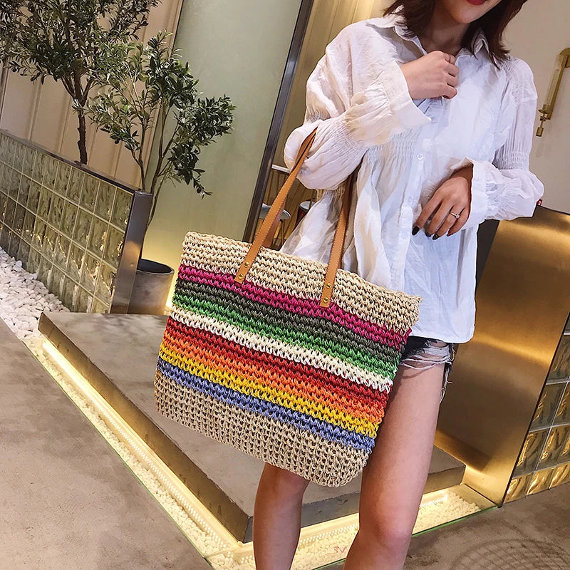 Femlion Rainbow Straw Handbag: Woven Boho Tote Bag with Leather Shoulder Strap