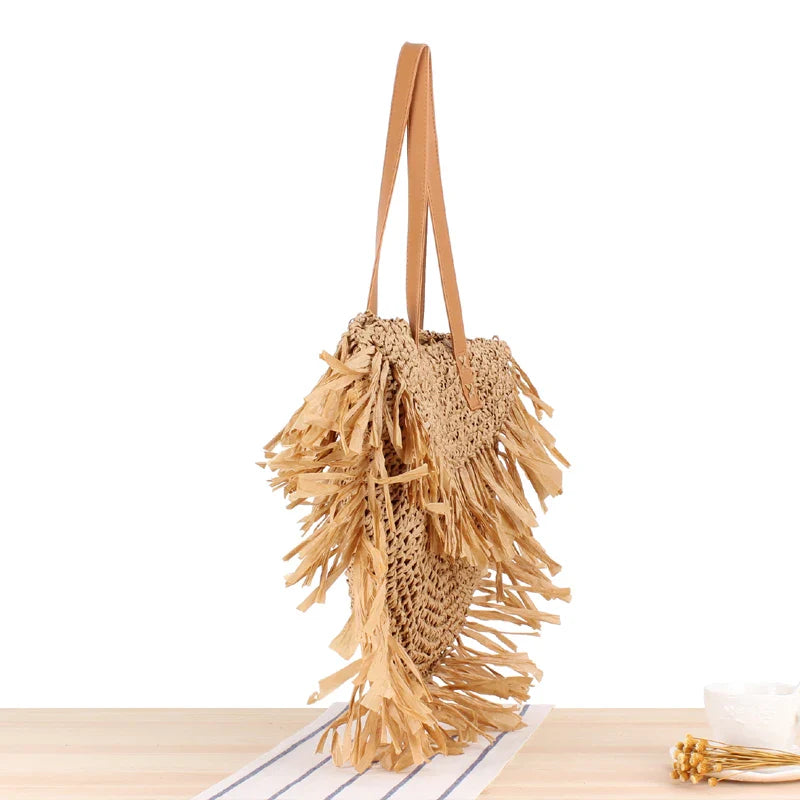 Femlion Beach Tassel Straw Shoulder Bag for Fashionable Style Statement