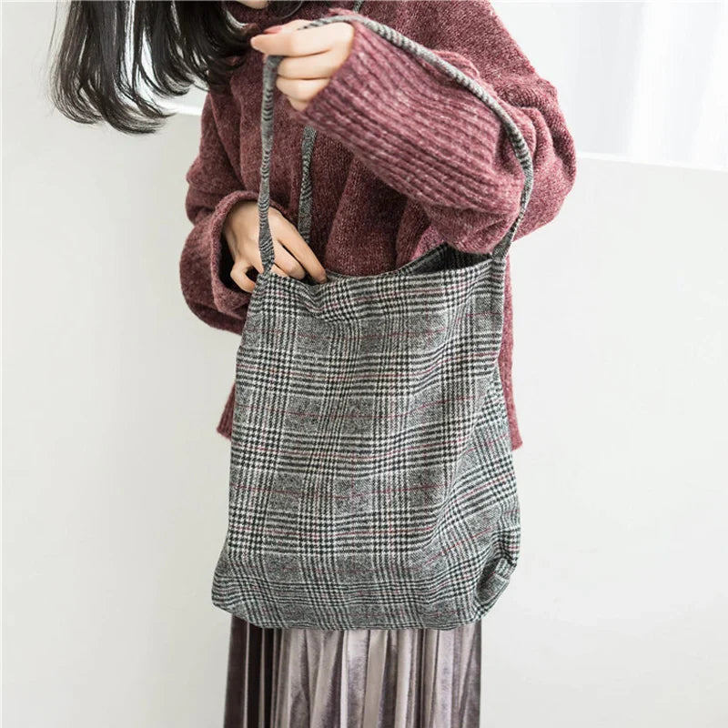 Femlion Plaid Wool Tote Bag: Vintage Eco Shopping Handbag crafted from Soft Woolen Cloth