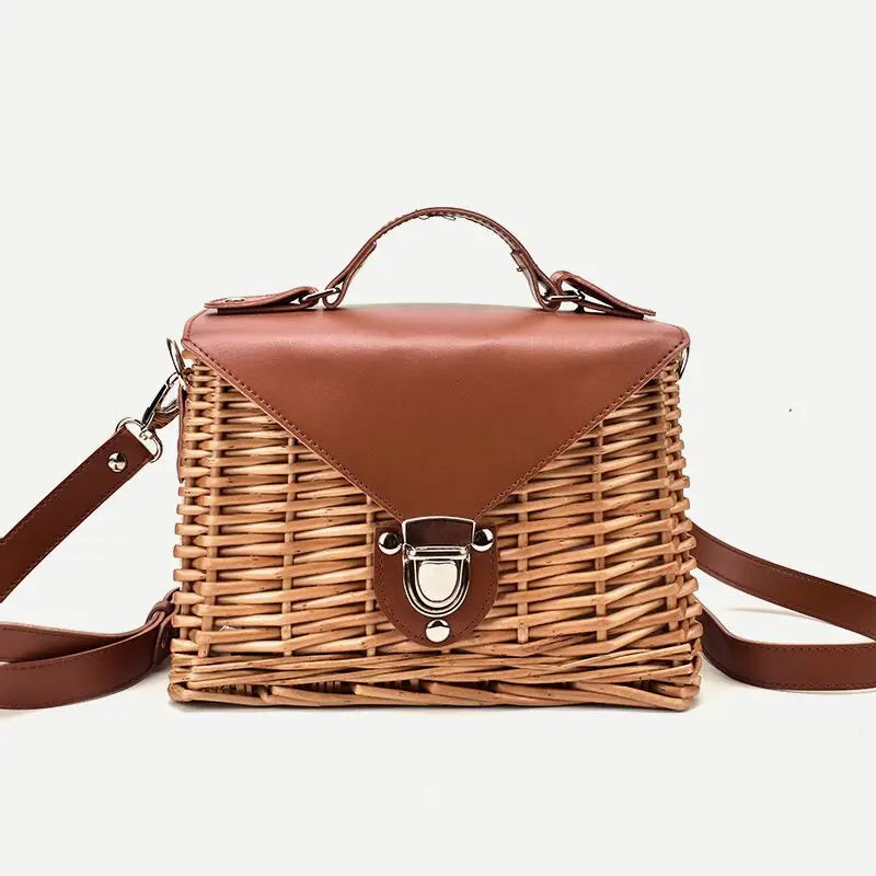 Femlion Square Bali Island Straw Crossbody Bag for Women, Leather Woven Handbags