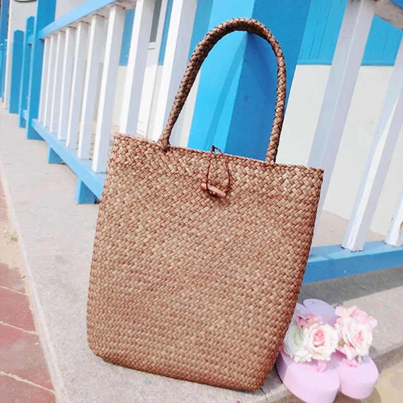 Femlion Large Straw Beach Bag Handmade Woven Tote Vintage Designer Basket Bag