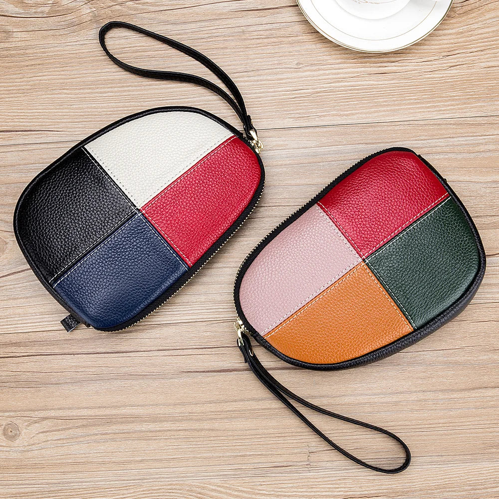 Femlion Genuine Leather Panelled Clutch Wallet Colorful Coin Purse Luxury Card Holder