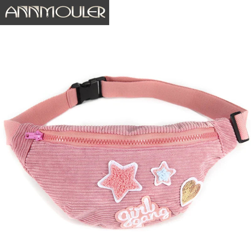 Femlion Corduroy Star Waist Bag Pink Patchwork Girls Fanny Pack Sweet Phone Pouch