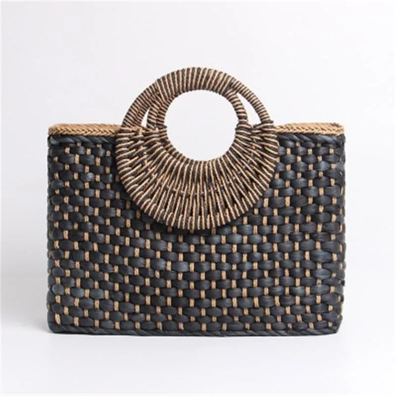 Femlion Corn Straw Woven Hand Basket Beach Bag with Butterfly Buckle