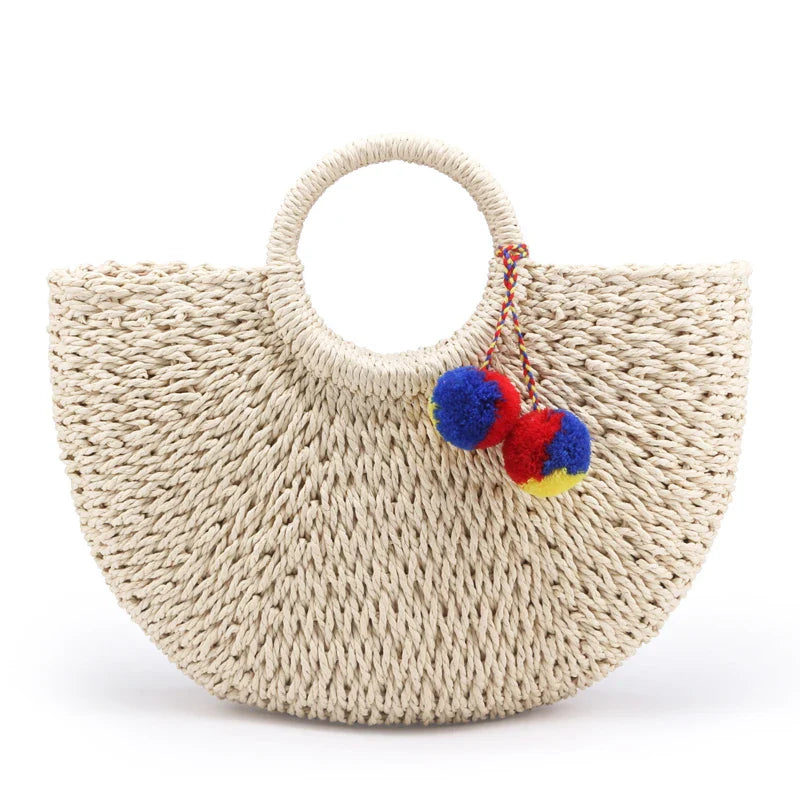 Femlion Moon Shaped Pompon Straw Beach Bag for Women