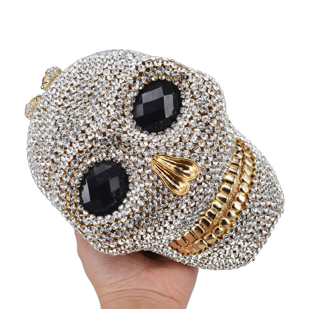 Femlion Designer Skull Clutch Bag Crystal Chain Evening Purse Wedding Gold Silver