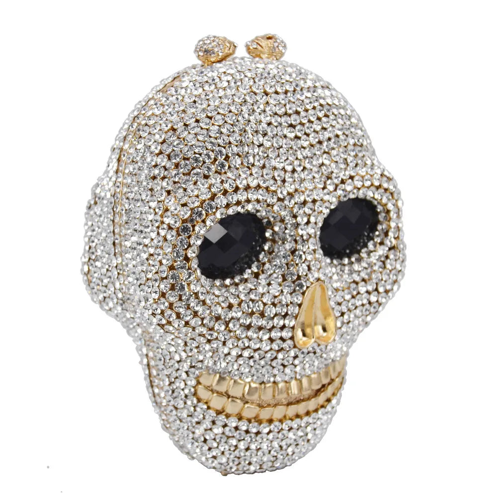 Femlion Designer Skull Clutch Bag Crystal Chain Evening Purse Wedding Gold Silver