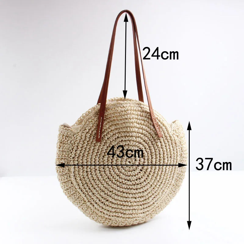 Femlion Round Straw Beach Bag Large Capacity Hand Woven Summer Girl Bag