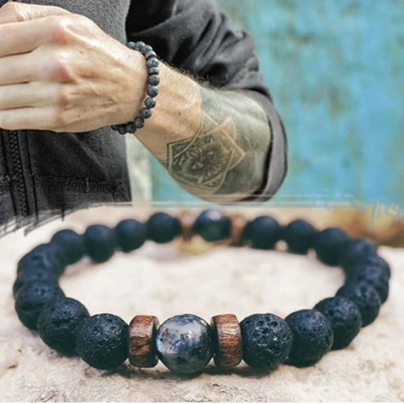 Femlion Tiger Eye Buddha Chakra Lava Stone Bracelet Men's Fashion Wood Bead Bangle