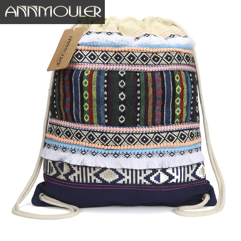 Femlion Boho Drawstring Backpack with Tassels - Large Capacity Hobo Bag