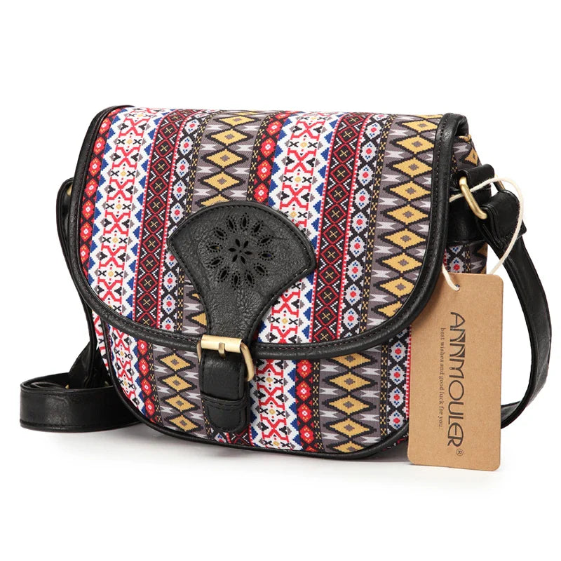 Femlion Bohemian Style Vintage Hollow Out Crossbody Bag for Women, Small PU Leather Shoulder Bag