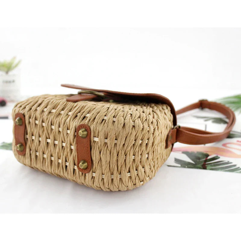 Femlion Straw Pig Crossbody Bag Beach Handbag Casual Rattan Weaving Vintage Basket