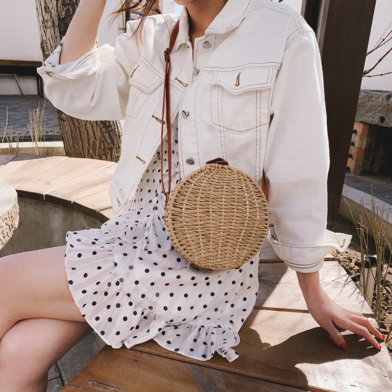 Femlion Summer Rattan Round Straw Bag - Boho Circle Crossbody Handbag