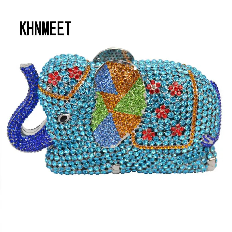 Femlion Deluxe Crystal Elephant Evening Bag with Indian Rhinestones & Zinc Alloy