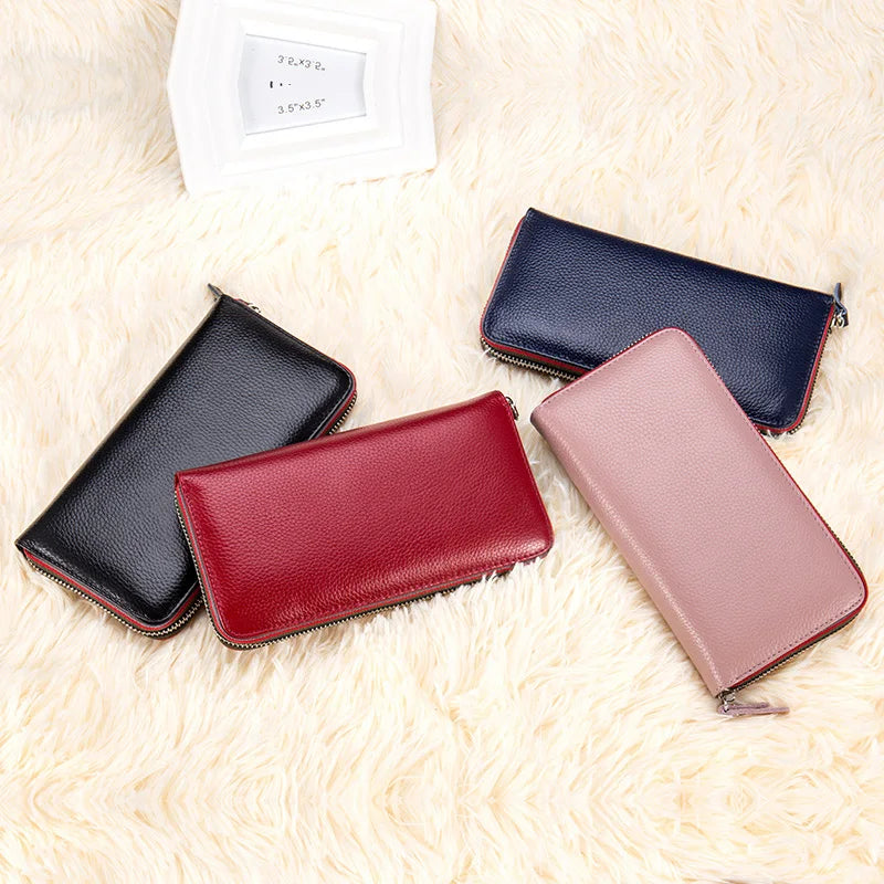 Femlion Genuine Leather Long Wallet Men Women Unisex Zipper Coin Purse Card Holder