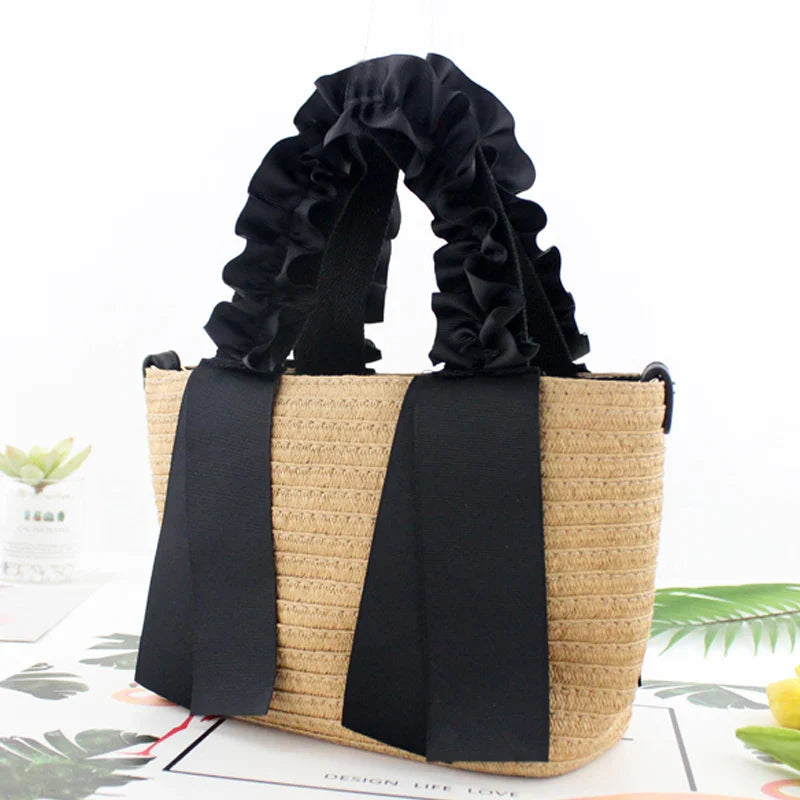 Femlion Black Lace Straw Bag Portable Handbag Beach Bag