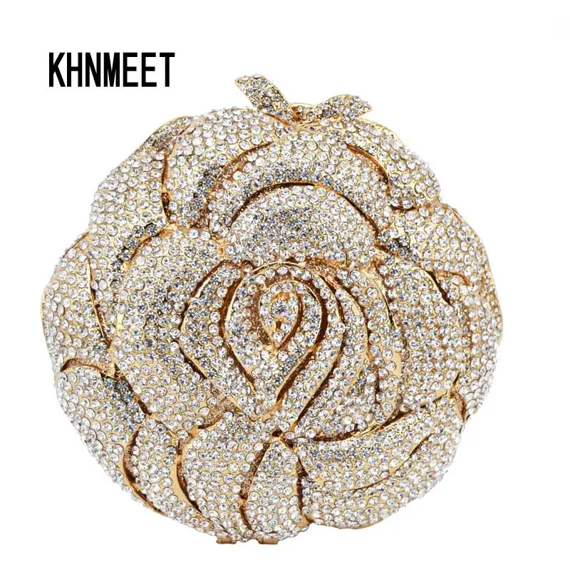 Femlion Gold Rose Flower Crystal Clutch Bag Luxury Evening Wedding Purse