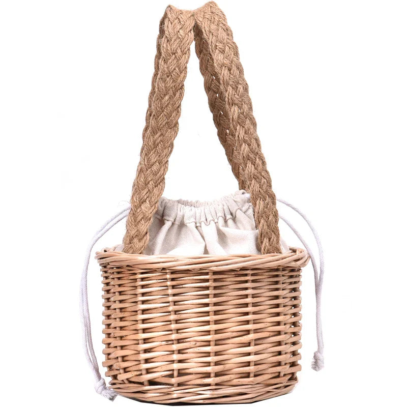 Femlion Summer Straw Tote with Plaited Detail and Drawstring