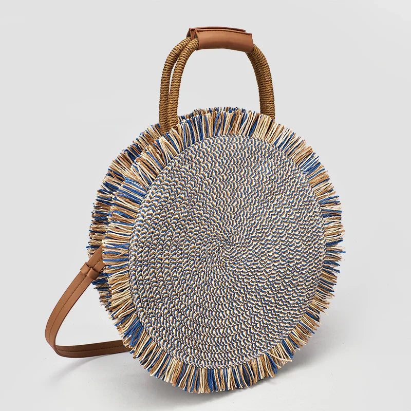 Femlion Fringed Straw Handbag Tote Beach Woven Round Shoulder Bag