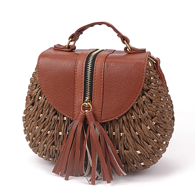 Femlion Bohemian Tassel Straw Crossbody Bag for Women