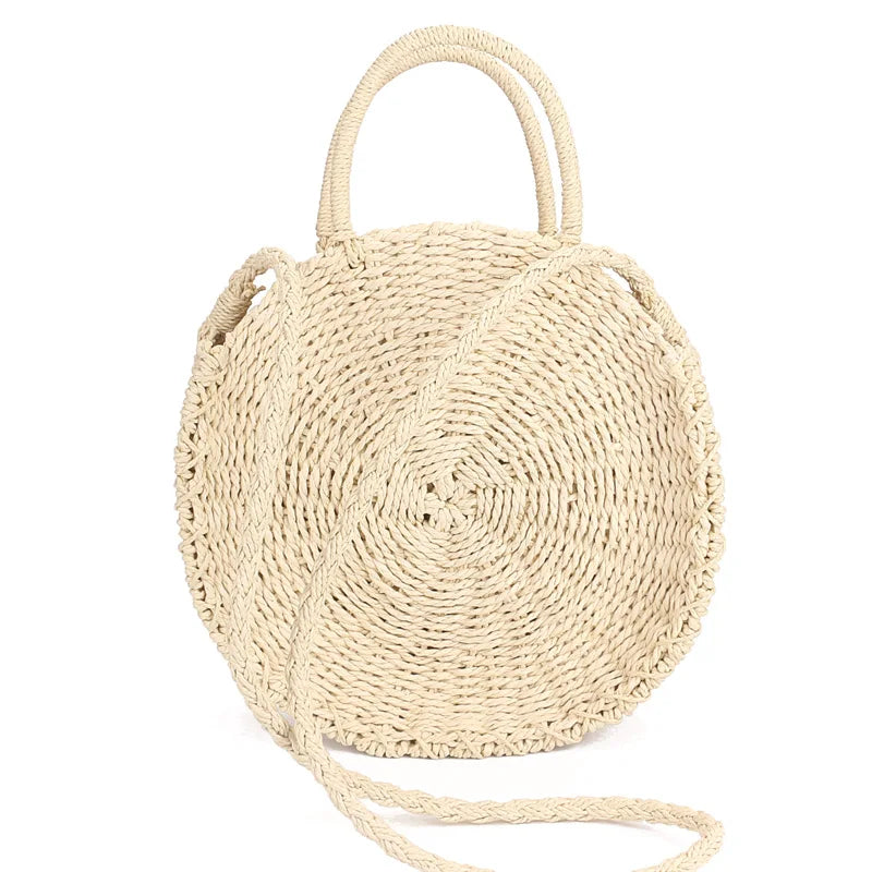 Femlion Rattan Woven Round Handbag | Vintage Straw Rope Knitted Messenger Bag